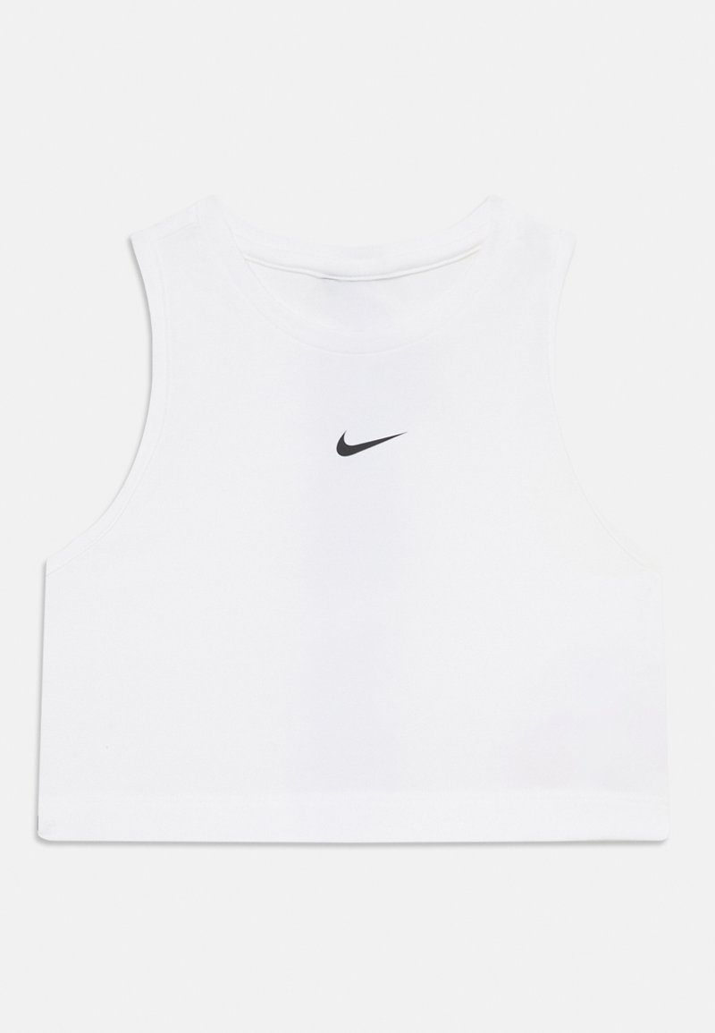 Biele skrátené tielko vyrobené z látky s hladkou textúrou. Má okrúhly výstrih a malú čiernu značku Nike na prednej strane.