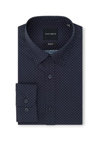 Ciemnoniebieska, dopasowana koszula garniturowa z małymi różowymi okrągłymi wzorami, z guzikami z przodu i złożonym mankietem, marki Pako Lorente.