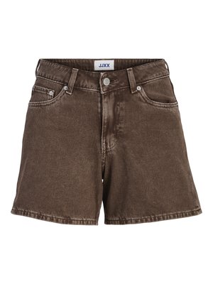Shorts en denim marron avec fermeture à bouton et à glissière, poches avant, passants pour ceinture, et étiquette de la marque JJXX à l'intérieur de la ceinture.