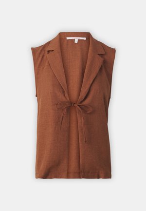 Ruda be rankovių bluzelė su apykakle, priekyje rišama, pagaminta iš tekstūruoto lino audinio. Paprastas ir prigludęs dizainas.