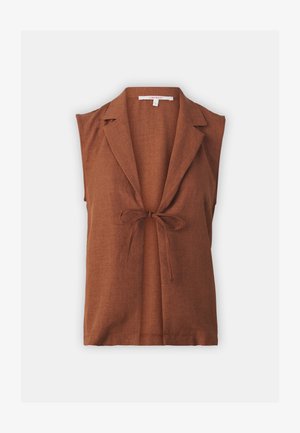 Barna ujjatlan blúz galléros nyakkal, elülső masnival záródik, és texturált vászon anyagból készült. Egyszerű és karcsú dizájn.