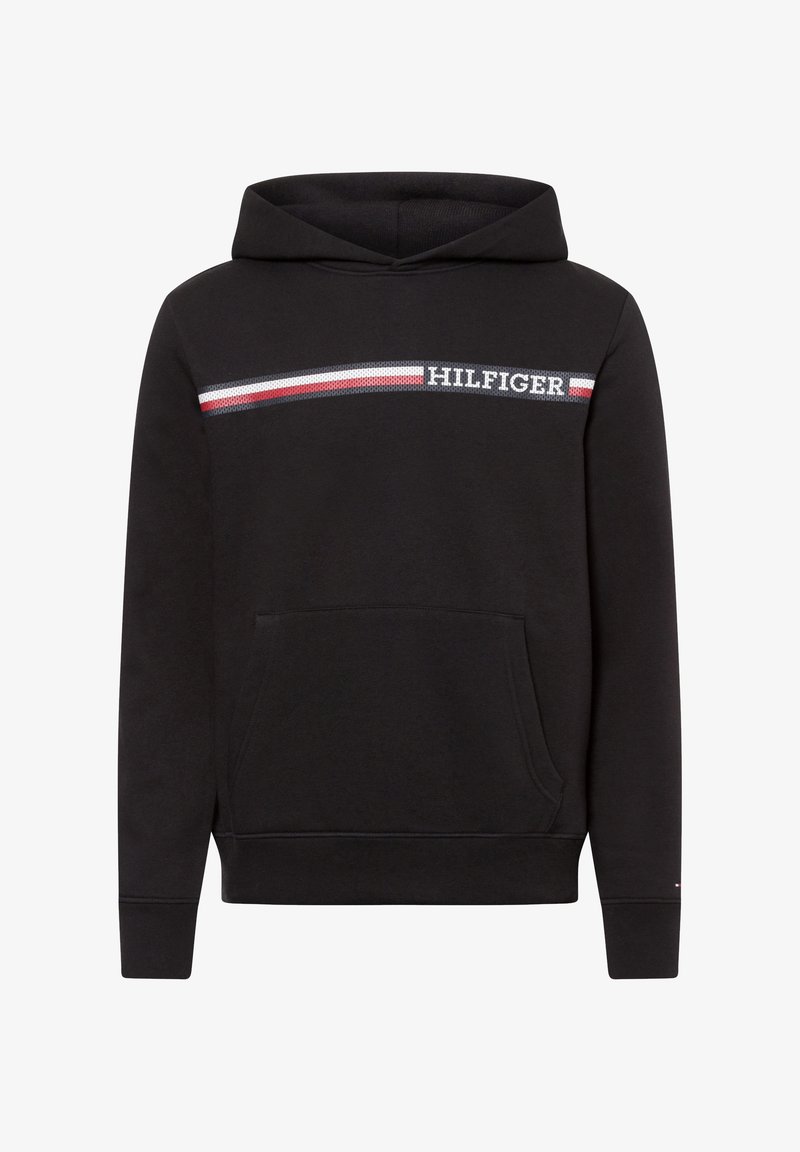 Sweat à capuche noir avec poche kangourou sur le devant, bande horizontale rouge, blanche et bleue sur la poitrine, et texte "HILFIGER" sur la bande.