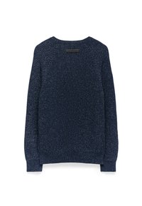 Dunkelblauer Pullover mit strukturiertem Strickdesign, rundem Ausschnitt und langen Ärmeln. Verfügt über ein Etikett im Nackenbereich.