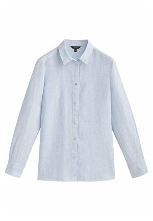 Jasnoniebieska lniana koszula z długim rękawem, zapinana na guziki, z klasycznym kołnierzykiem i mankietami, prezentowana na płasko na białym tle.