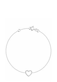 Delicate zilveren kettingarmband met een klein hartvormig bedeltje gemaakt van kleine verbonden kraaltjes, beveiligd met een ronde veersluiting.