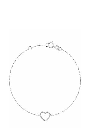 Delicate zilveren kettingarmband met een klein hartvormig bedeltje gemaakt van kleine verbonden kraaltjes, beveiligd met een ronde veersluiting.