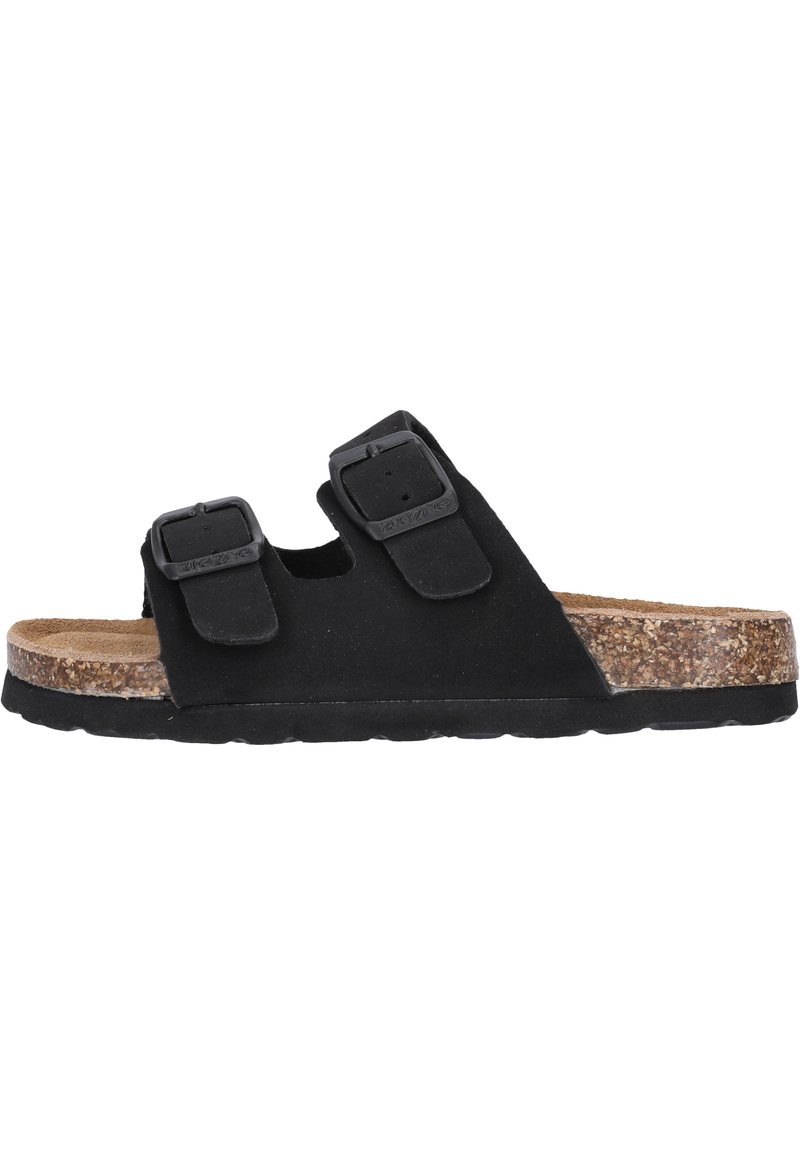 Svart mocka slide sandal med två justerbara remmar, korkfotbädd och strukturerad svart gummisula. Platt design med öppen tå.