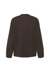 Hravý pletený sveter v tmavo hnedej farbe, s voľným strihom, spadnutými ramenami a okrúhlym výstrihom. Textúrovaná tkanina s jemným povrchom.