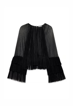 Black sheer blouse with pleated fabric, flared tiered sleeves, round neckline, and button closure at the back.