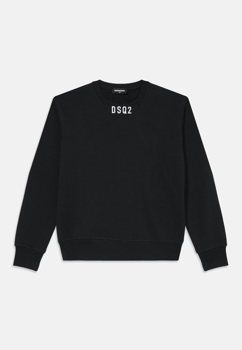 Melna džemperis, izgatavots no kokvilnas maisījuma, ar apaļu kakla izgriezumu, garām piedurknēm un balto "DSQ2" logo izšuvumu pie apkakles.