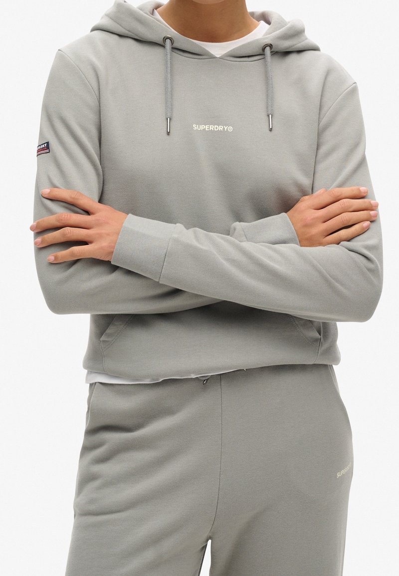Sweat à capuche gris clair court avec cordon de serrage, logo brodé et poignets côtelés. Associé à un pantalon gris assorti, avec un logo discret.
