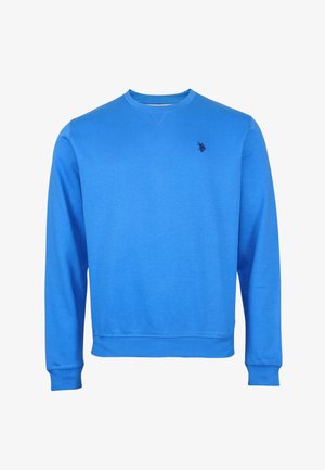 Blå sweatshirt lavet af bomuldsblanding, med rund hals, lange ærmer, ribbede manchetter og et lille broderet logo på brystet.
