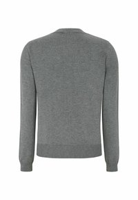 Gray sweater made of soft fabric, featuring a round neckline, long sleeves, and ribbed cuffs and hem. Back view shown.