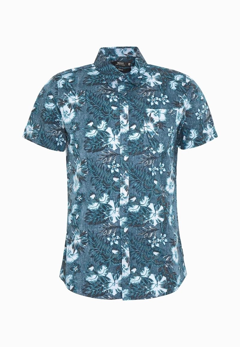 Chemise pour hommes à manches courtes et boutons, avec un motif tropical floral et de feuilles bleu et blanc, dotée d'une poche poitrine et d'un col.