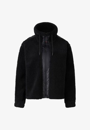 Zwarte fleecejas met een hoge kraag, ritssluiting aan de voorkant en contrasterende textuur; heeft een zachte, pluizige buitenkant en een gladde binnenvoering.