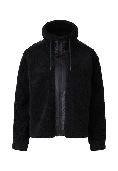 Black fleece jacket with a high collar, zippered front, and contrast texture; features soft, plush exterior and smooth inner lining.