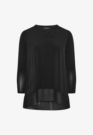 Musta paita, jossa on V-pääntie ja kolmannet hihat, mikä sisältää kerrostetun muotoilun läpinäkyvällä alareunalla. Sujuvaa ja kevyttä kangasta.