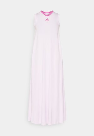 Haljina bez rukava ružičaste boje s okruglim izrezom i kontrastnim ružičastim detaljima. Izrađena od glatkog, lepršavog materijala. Ima mali logo na prsima.