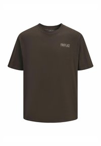 Brown cotton t-shirt with short sleeves and a crew neck. Features a small white "FIREPLACE" logo on the left chest area.