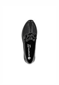 Black synthetic slip-on shoe with textured surface, braided accent, and cushioned insole featuring "remonte soft" branding.