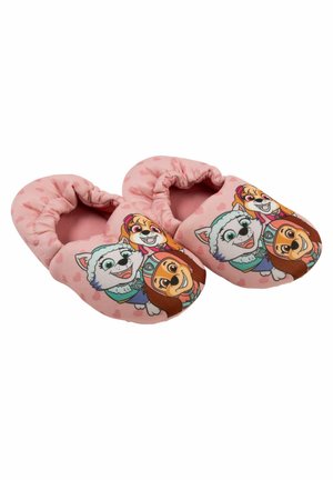 Pink children's slippers with elastic backs featuring three cartoon dog characters on the top.