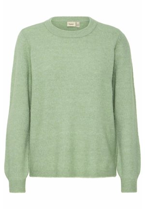 Jersey verde claro hecho de un tejido suave y texturizado, con mangas largas y un cuello redondo clásico. Sin patrones ni acentos visibles.