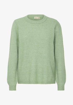 Pull léger vert en tissu doux et texturé, avec des manches longues et un col rond classique. Pas de motifs ou d'accents visibles.