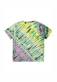 Lyhythihainen solmuvärjätty T-paita, jossa vihreän, keltaisen, violetin ja mustan värit muodostavat vinon pyörteen. Valmistettu puuvillasta ja siinä on rento istuvuus.