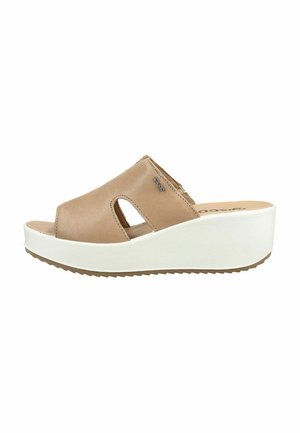 Beige læder slip-on kilehælsandal med åben tå, udskæringer i siden, hvid platformsål og struktureret brun ydersål.