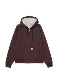 Sudadera con cremallera color marrón y interior gris. Presenta un bolsillo tipo canguro y un parche con el logo en el frente. Fabricada con un tejido suave y texturizado.