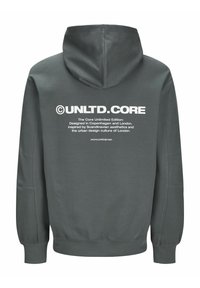 Grijze pullover hoodie met een groot logo op de achterkant in witte tekst, gemaakt van zacht katoen en met een kangoeroezak aan de voorkant.