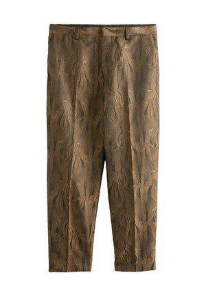Braune Hose mit Wellenmuster, aus glattem Material und mit geradem Schnitt. Enger Taillenbund mit Gürtelschlaufen und vorderen Bügelfalten.
