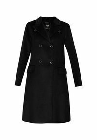 Cappotto nero doppiopetto con colletto a punte, due tasche frontali e dettagli con bottoni. Realizzato in un tessuto liscio e strutturato.