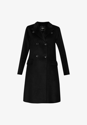 Cappotto nero doppiopetto con colletto a punte, due tasche frontali e dettagli con bottoni. Realizzato in un tessuto liscio e strutturato.