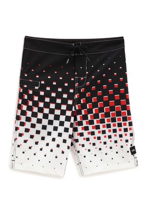 Pantaloncini neri con motivo a pixel sfumato in rosso e bianco, dotati di una tasca frontale e una coulisse in vita.