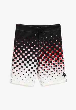 Shorts noirs en tissu avec un motif pixel dégradé en rouge et blanc, dotés d'une poche avant et d'une taille à cordon.