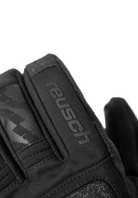 Schwarze Winterhandschuhe aus synthetischen Materialien mit strukturierten Handflächen, verstärkten Nähten und eingeprägtem Logo für Grip und Langlebigkeit.