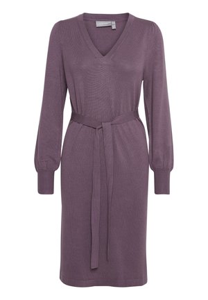 Vestido morado a la altura de la rodilla con escote en V, mangas largas abullonadas y un cinturón a juego en la cintura. Tejido suave y texturizado con puños acanalados.