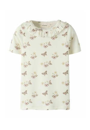 Kremowa koszula z krótkim rękawem i falbankowym kołnierzem, ozdobiona wzorem różowych kwiatów i brązowych motyli.