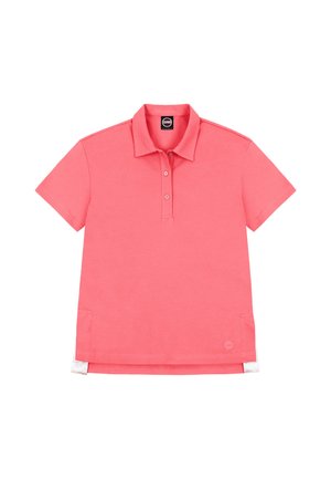 Coral pink short-sleeve polo shirt with collar, two buttons, and small white fabric detail at the hem on a white background.