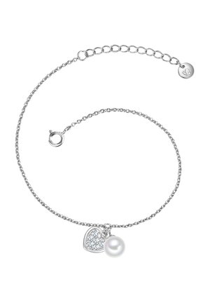 Silberne Kettenarmband mit einem Herz-Anhänger, der mit Strass und einer Perlenakzent verziert ist. Verstellbare Länge mit einem Karabinerverschluss.