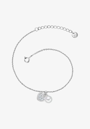 Pulsera de cadena de plata con un charm en forma de corazón que presenta rhinestones y un acento de perla. Longitud ajustable con un cierre de langosta.