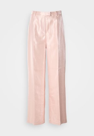 Lys rosa, høyt liv, vide bukser laget av skinnende, glatt stoff. Har en ren midjebånd og bakfold for struktur.