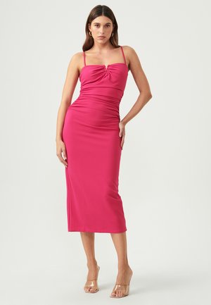 Fuksia ilmanhiha vestidos con detalles arrugados y un diseño frontal atado. Tela suave y elástica con una silueta ceñida y un dobladillo de longitud media.