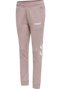 Lyse mauve Hummel joggingbukser med elastisk taljebånd, sidelommer, hvidt logo på låret og chevronmønster på underbenet.