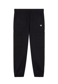 Pantalones cargo negros hechos de tela suave, con dos bolsillos laterales, una cintura elástica con cordón y puños elásticos en los tobillos.