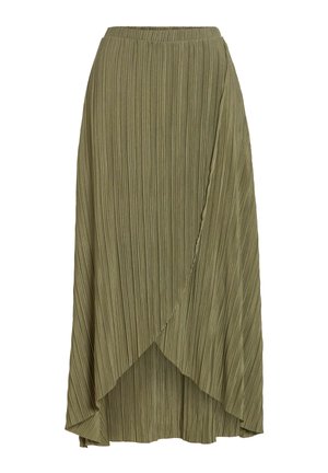 Oliivinvihreä, laskostettu midi-hame, jossa päällekkäinen kietaisumallinen etuosa ja joustava vyötärönauha, esitetty yksiväristä taustaa vasten.