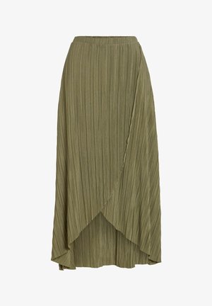 Oliivinvihreä, laskostettu midi-hame, jossa päällekkäinen kietaisumallinen etuosa ja joustava vyötärönauha, esitetty yksiväristä taustaa vasten.