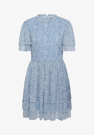 Helehall sinise lühikeste varrukatega kleit kihiliste volangvarrukate ja seelikuga, millel on peen abstraktne muster ja istuv talje.