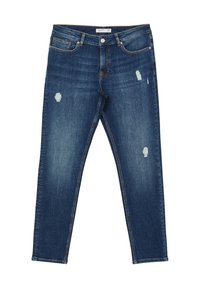 Jean en denim bleu foncé avec une coupe slim, présentant une légère usure, cinq poches et une fermeture à bouton. Le tissu a une texture lisse.